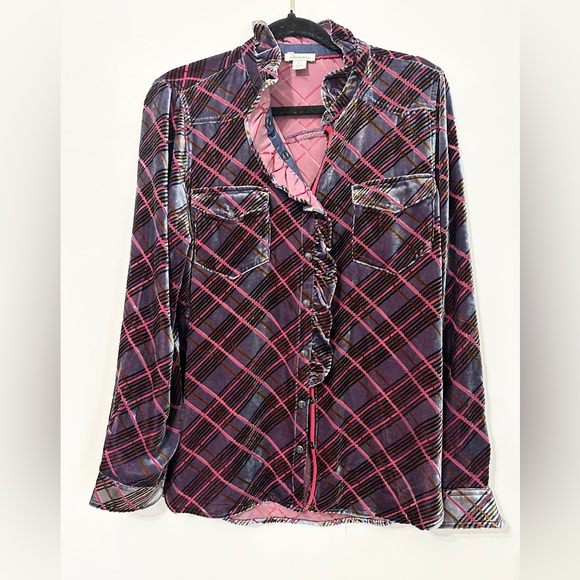 Sundance Gretel Plaid Velvet Ruffle Blouse Top large silk blend